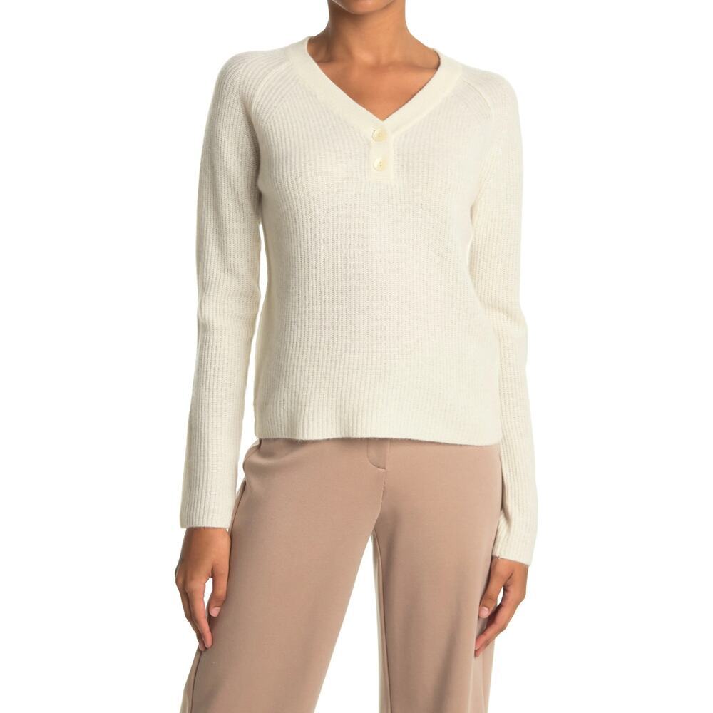 Griffen Ribbed Knit Cashmere Raglan Henley in Ivory Size S